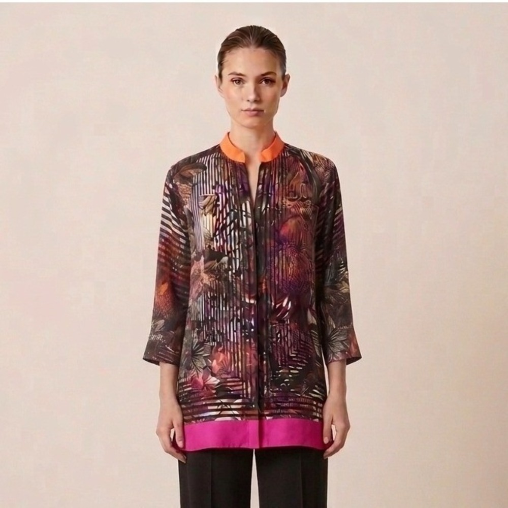 Elie Tahari Silk Blend Floral Stripe Tunic Top Orange Pink Black Womens XS